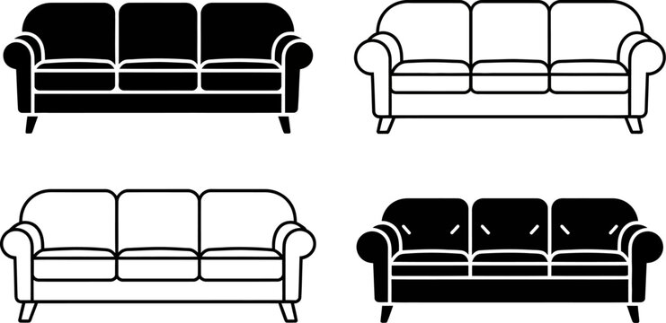 Four sofas of different styles in black and white line art on a white background in a square format