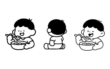 Cute Cartoon Children Eating from Bowls