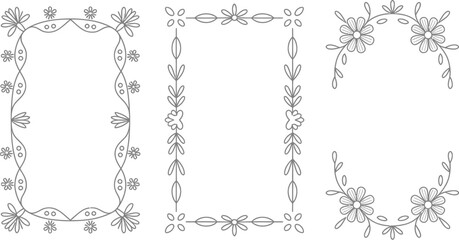 Obraz premium Three floral frames and borders with various floral designs in black and white line art style vector