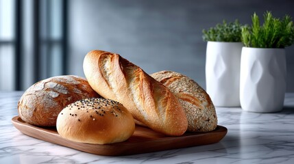 Assorted artisan bread loaves and rolls, including a baguette, round roll with seeds, and crusty loaves, displayed on a wooden tray atop a marble surface, near a small potted plant