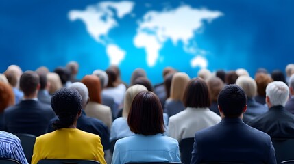 A diverse group of professionals attending a global business conference with a focus on collaborative teamwork and networking