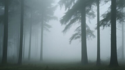 A misty forest scene with dense fog obscuring the details of tall trees, bad weather