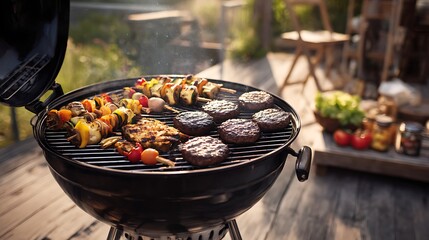 A barbecue grill with burgers and skewers cooking on a wooden deck in the backyard at summertime