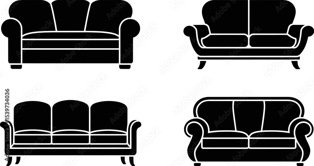 Poster four black and white sofa illustrations with different styles on a white background in a square form