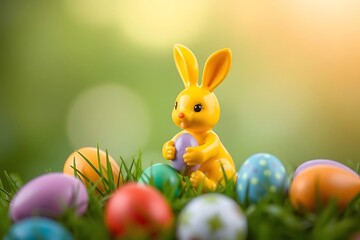 3D-rendered yellow Easter bunny figurine with vibrant colorful eggs on lush green grass, capturing festive springtime celebration, joy, and holiday decoration concept