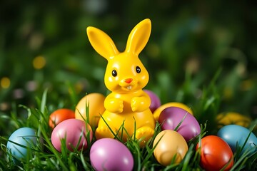 3D-rendered yellow Easter bunny figurine with vibrant colorful eggs on lush green grass, capturing festive springtime celebration, joy, and holiday decoration concept