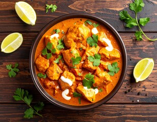Butter chicken curry featuring tender chicken breast pieces simmered in a creamy, buttery tomato-based sauce with a hint of honey. Garnished with fresh coriander and a swirl of cream, served in a bowl