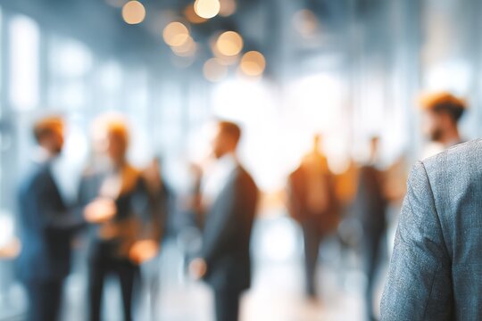 Groups of colleagues communicating with each other during break on business presentation in office meeting room. Blurred people in background. High quality