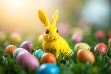 3D-rendered yellow Easter bunny figurine with vibrant colorful eggs on lush green grass, capturing festive springtime celebration, joy, and holiday decoration concept