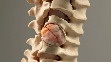 Human spine model with damaged vertebrae, close-up view of injury area for medical education and healthcare concepts, anatomical study of vertebral column and spinal disorders.