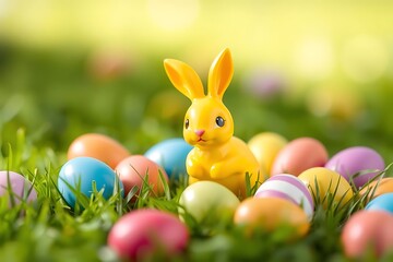 3D-rendered yellow Easter bunny figurine with vibrant colorful eggs on lush green grass, capturing festive springtime celebration, joy, and holiday decoration concept