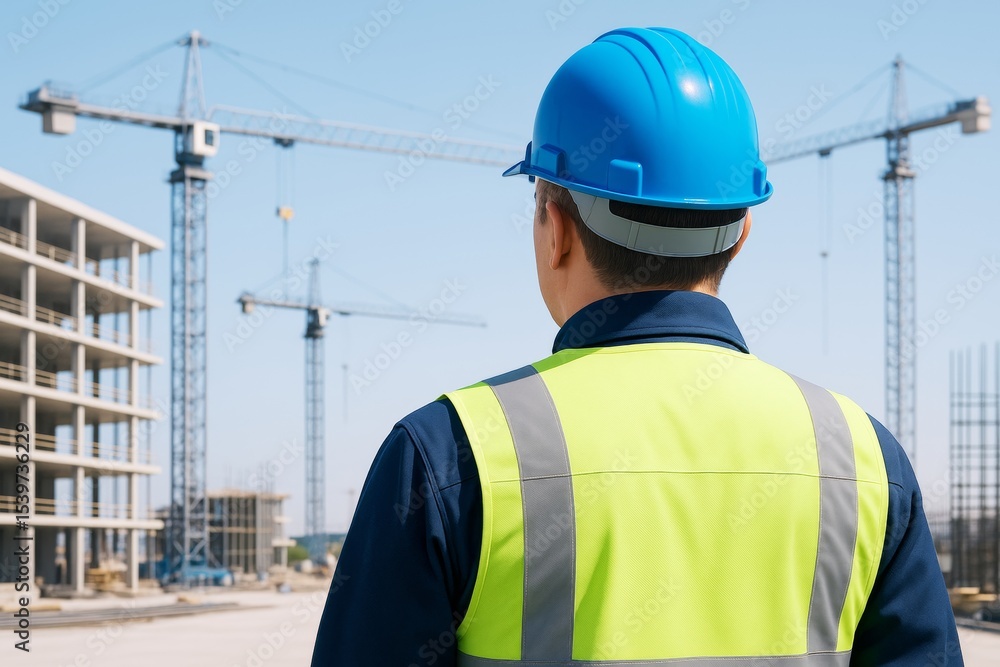 Poster construction worker in safety gear observing active building site with cranes and structures under c
