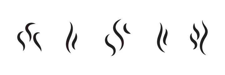 Smoke steam icon vector logo set. Smoke smell, steam aroma heat icon illustration. Hot vapor fire doodle line logo. Hit stink, coffee, fragrance flame elements. Vector illustration.