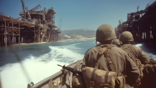 Marines in a boat approaching an abandoned pier with a machine gunner