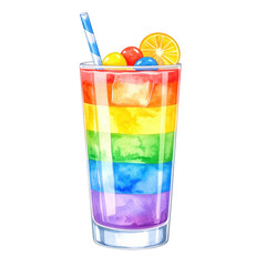 A vibrant watercolor rainbow layered cocktail in a tall glass, complete with ice, a striped straw, and a citrus garnish. Perfect for summer parties, celebrations, and festive designs.