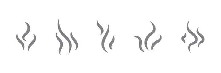 Smoke steam icon vector logo set. Smoke smell, steam aroma heat icon illustration. Hot vapor fire doodle line logo. Hit stink, coffee, fragrance flame elements. Vector illustration.