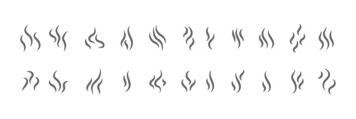 Smoke steam icon vector logo set. Smoke smell, steam aroma heat icon illustration. Hot vapor fire doodle line logo. Hit stink, coffee, fragrance flame elements. Vector illustration.