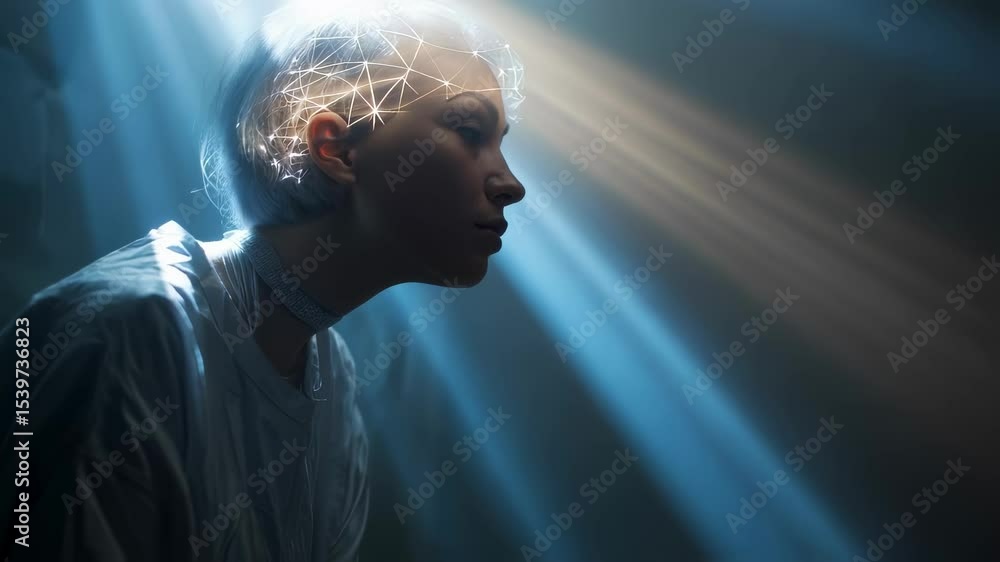 Poster neural network glowing over patient's head, visualizing advanced brain therapy with illuminating lig
