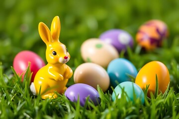 3D-rendered yellow Easter bunny figurine with vibrant colorful eggs on lush green grass, capturing festive springtime celebration, joy, and holiday decoration concept