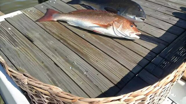 Fresh redfish and black drum spill from a woven basket on the boat deck, water droplets glinting in the sunlight as waves gently rock the vessel after a successful Barataria Bay trip Dynamic Camera