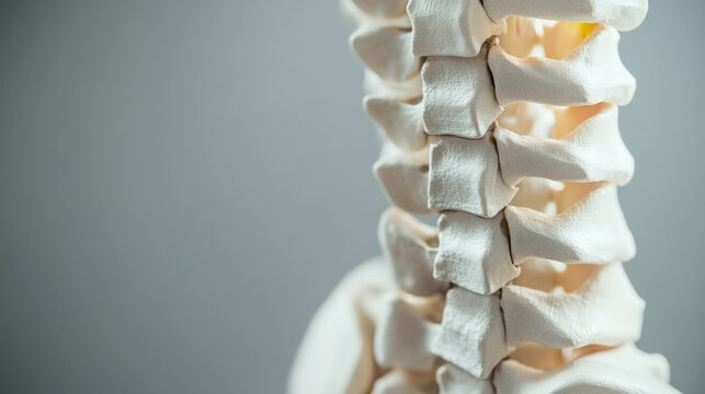 Human spine model with damaged vertebrae, close-up view of injury area for medical education and healthcare concepts, anatomical study of vertebral column and spinal disorders.