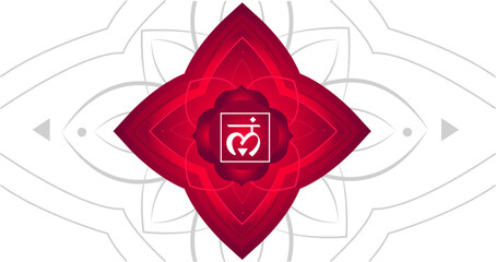 Vector illustration of red first chakra sign. Abstract mandala grey flower on white background. Root chakra backdrop. Muladhara symbol circle frame. Chakras design. Yoga class banner. Meditation aura