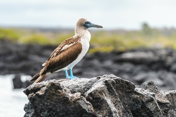 A blue-footed booby perched on a rock in the Galapagos Islands.