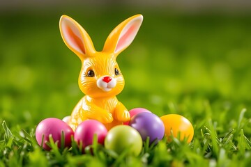 3D-rendered yellow Easter bunny figurine with vibrant colorful eggs on lush green grass, capturing festive springtime celebration, joy, and holiday decoration concept