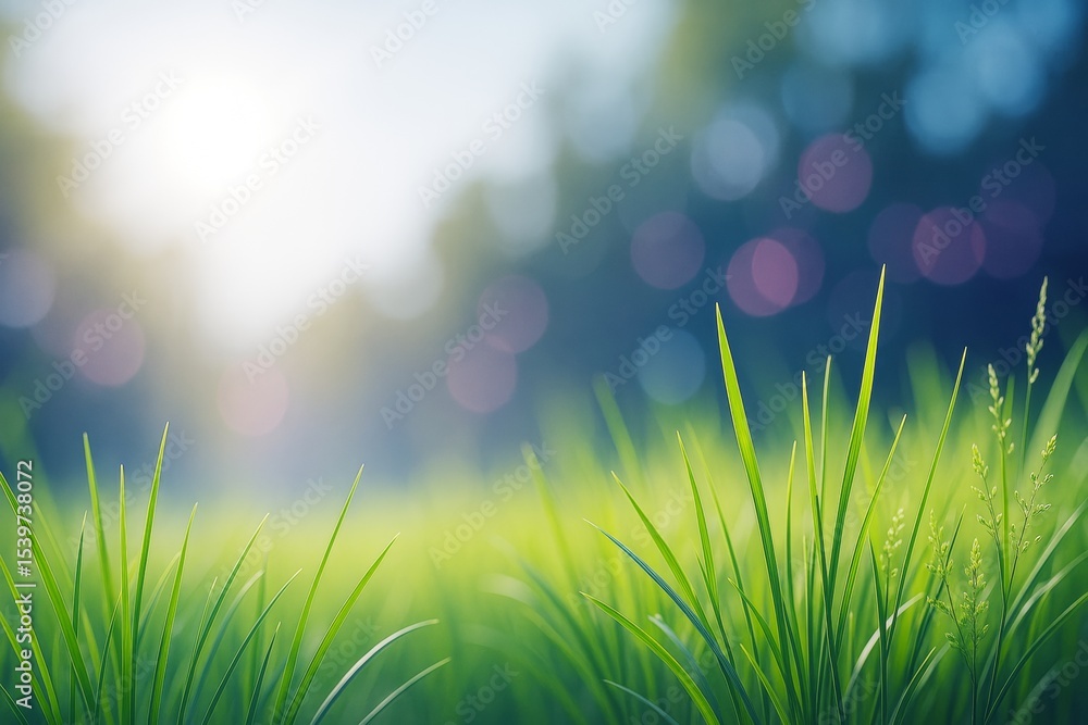 Poster close-up of fresh green grass blades in morning sunlight with soft bokeh and forest background in na