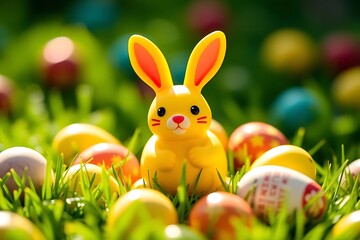 3D-rendered yellow Easter bunny figurine with vibrant colorful eggs on lush green grass, capturing festive springtime celebration, joy, and holiday decoration concept