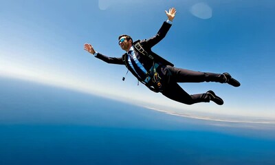 Businessman Skydiving Into the Blue Sea, with Clear Blue Sky Background