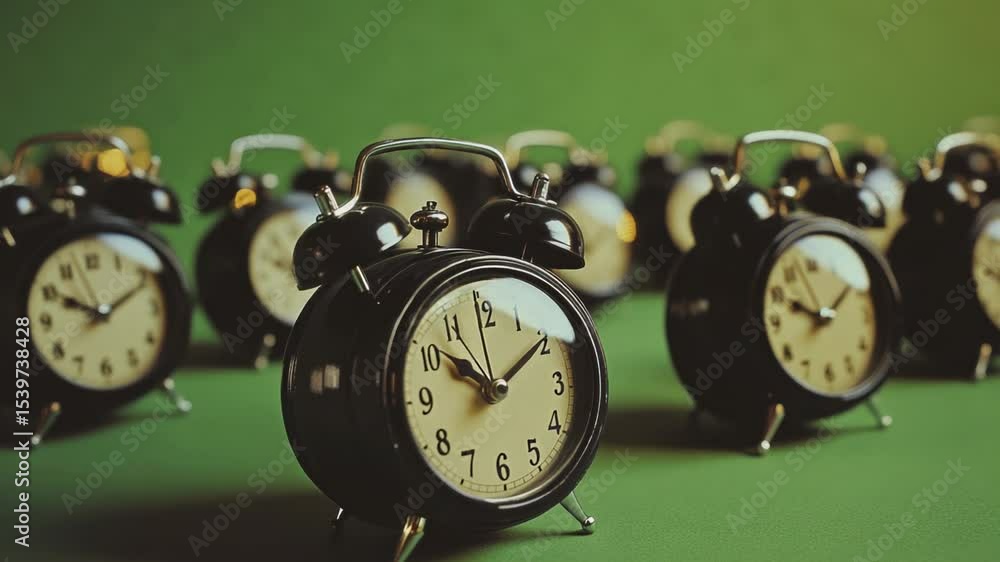 Poster A collection of black alarm clocks placed on a green table, perfect for use in interior design or time-related concepts