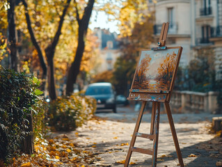 Autumn landscape painting on easel outdoors in paris street scene
