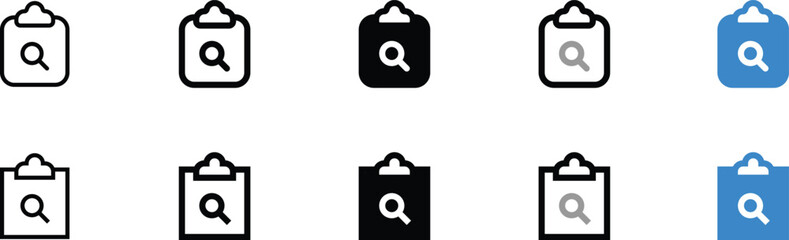 Set of Clipboard with Magnifying Glass Icons in Various Colors