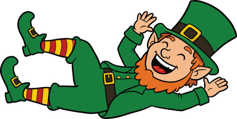 Cartoon leprechaun laughing on the ground, green costume, red beard, Irish folklore character, St. Patrick's Day celebration, festive, cheerful, funny pose