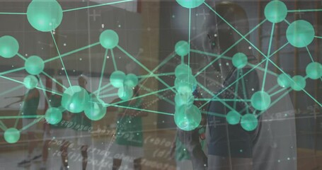 On coach gesture basketball team standing on court with shifting green spheres sports tech network - Powered by Adobe