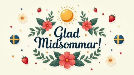 A greeting card for Swedish midsummer celebration, decorative lettering text "Glad Midsommar!" on swedish language, surrounded by decorative circular elements: sun, flowers, strawberries
