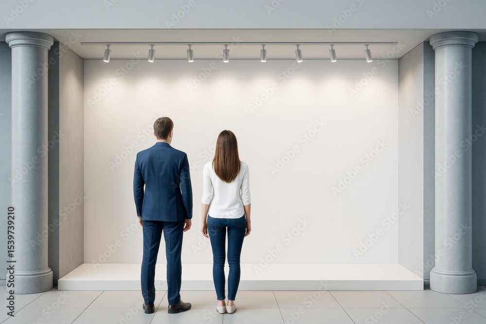 Leinwandbilder man and woman standing in front of empty lit display wall in modern gallery interior with columns, c