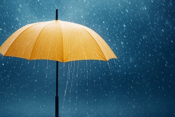 Bright yellow umbrella in heavy rain with water droplets streaming down, on a moody blue background illustrating protection and weather concept.