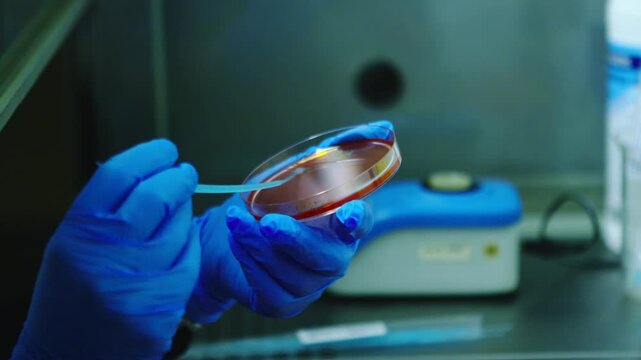 Blue gloved hands interact with cultured sample in bright biotech laboratory