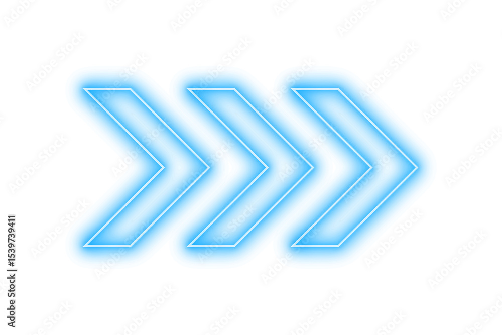 Poster blue bright color light neon arrow pointer pointing right with glowing effect on transparent backgro