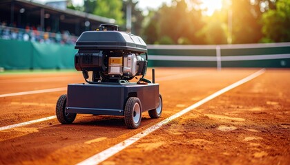 Robotic machine on a tennis court preparing for maintenance during a sunny day