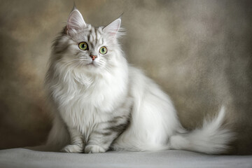 Fototapeta premium Adorable white siberian cat posing on blanket