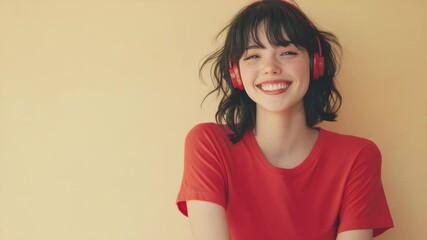 A woman wearing headphones and a red shirt, likely enjoying music or exercising