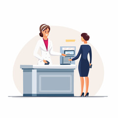 Fototapeta premium flat vector illustration of a professional bank teller wearing white uniform serving a client at a bank desk