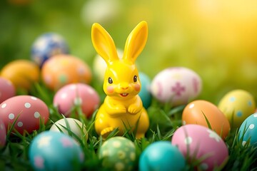 3D-rendered yellow Easter bunny figurine with vibrant colorful eggs on lush green grass, capturing festive springtime celebration, joy, and holiday decoration concept