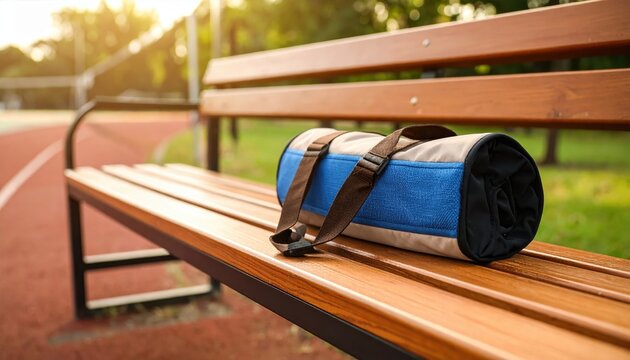 Blue sports bag resting on a wooden bench near a running track during sunset, peaceful scene