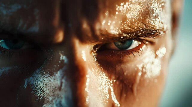 Close up of intense blue eye with sweat and moisture on skin showing strong emotion and focus in warm dramatic lighting face close up