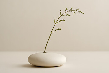 Minimalist Plant Arrangement: Green Twig in White Stone Base