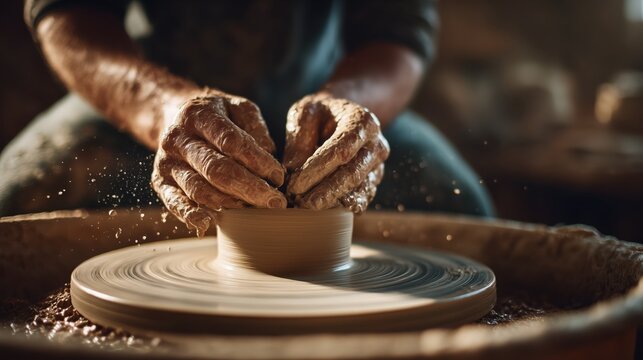 Potter creating clay vessel on pottery wheel in workshop
